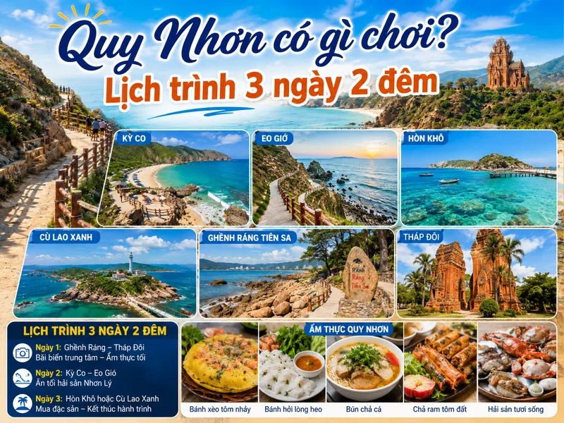 Lịch trình Quy Nhơn 3 ngày 2 đêm có thể kết hợp điểm biển, văn hóa và ẩm thực theo từng khu vực để giảm thời gian di chuyển.
